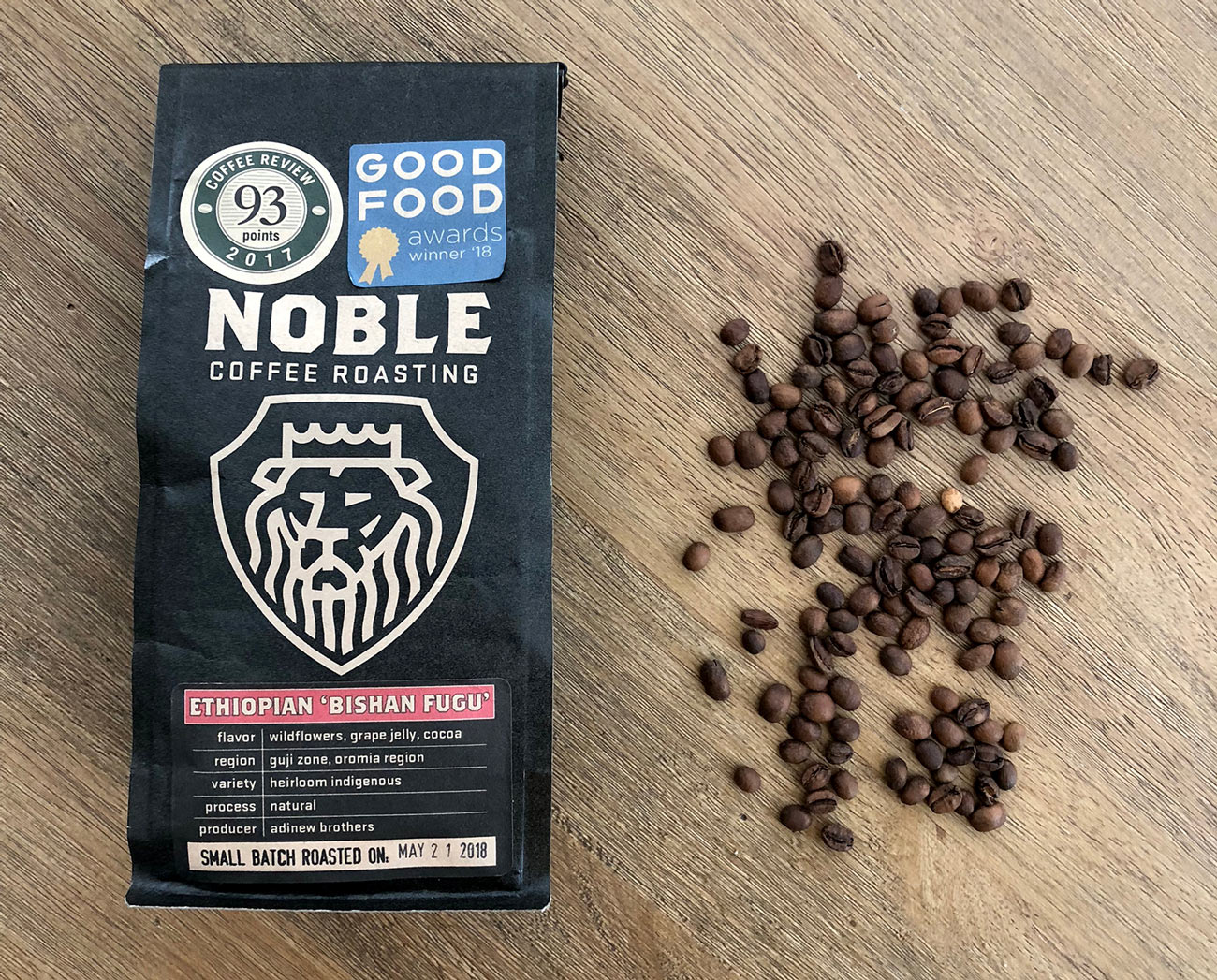 Noble Coffee Roasting Ethiopian Bishan Fugu bag and beans detail