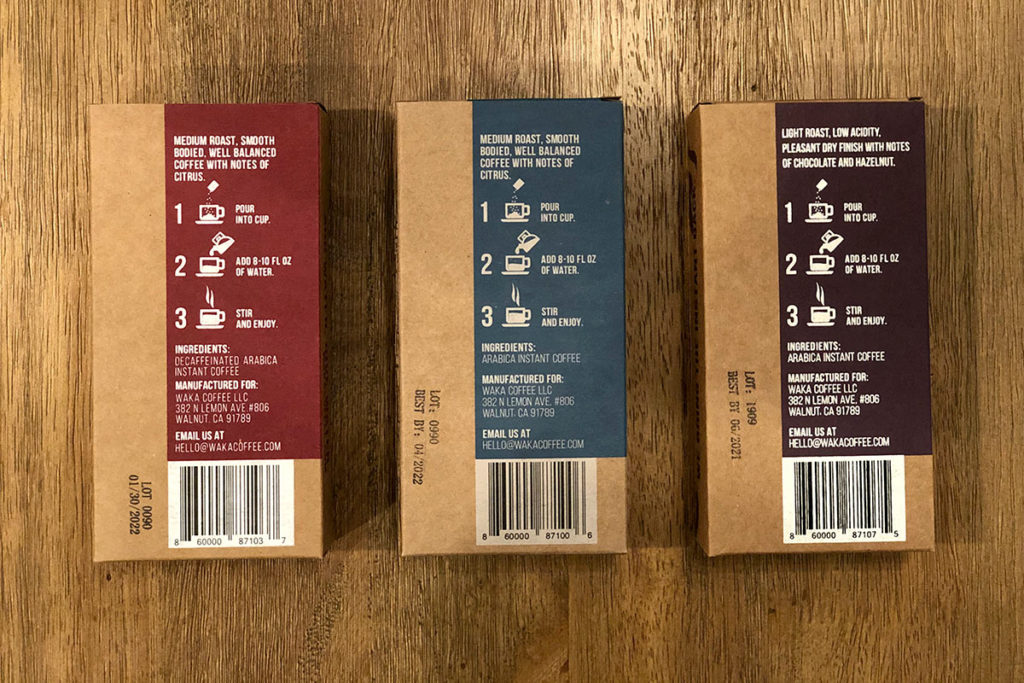 Back of Waka Coffee boxes with brewing directions