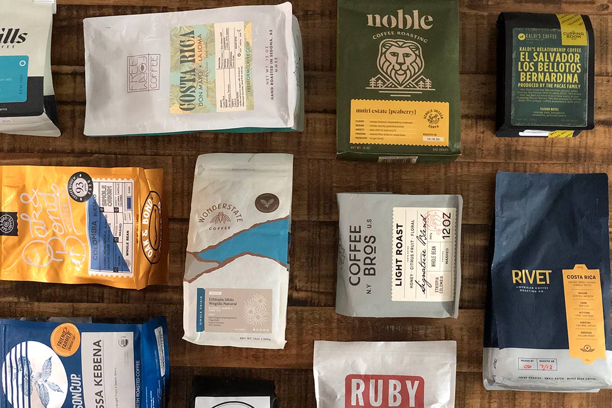 Various coffee bags on table