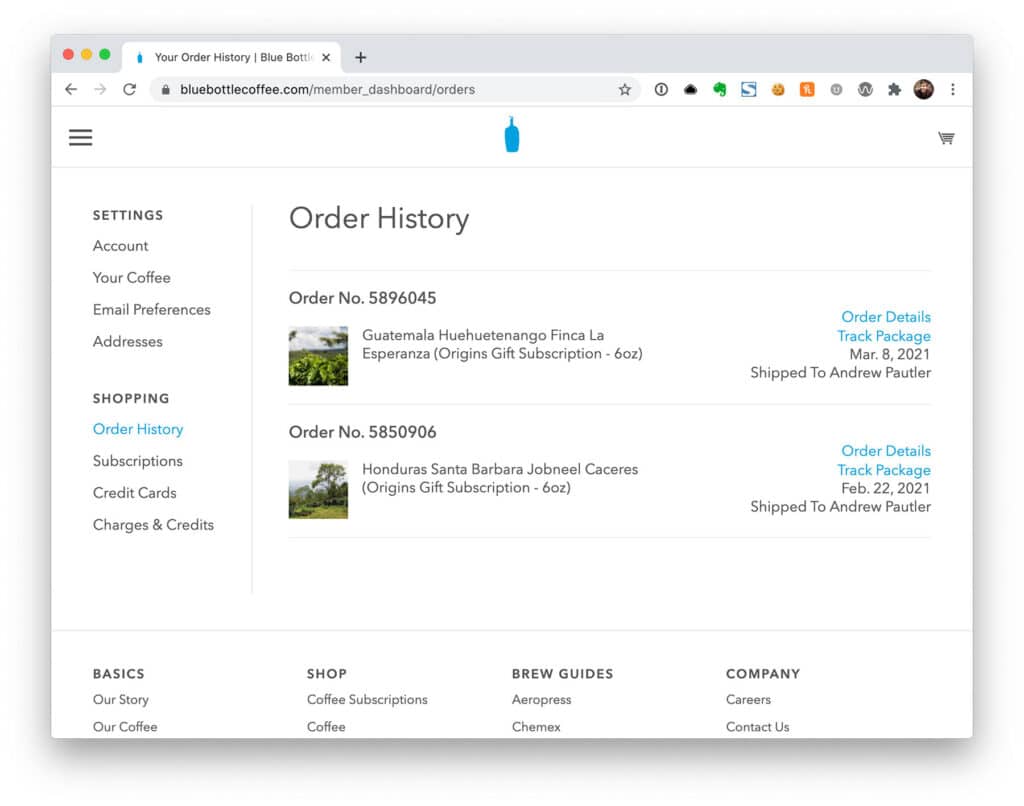 Blue Bottle Subscription Order History page