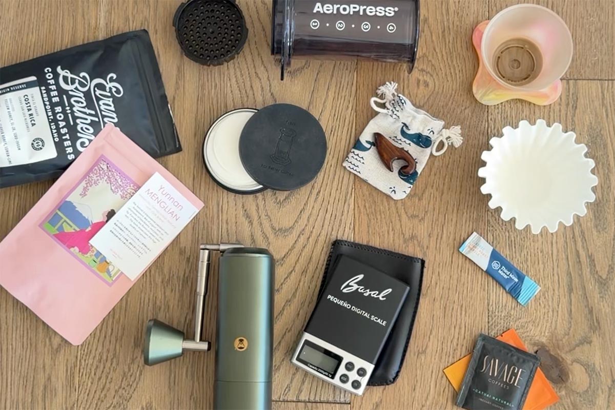 Current collection of travel gear for making coffee on the road